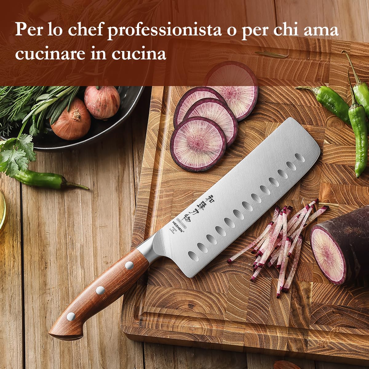 HEZHEN Acciaio Inox Coltelli Usuba e Nakiri, Stile Giapponese Coltello da Cuoco Cinese Professionale，Mannaie per Carne Verdure, Manico in Redwood