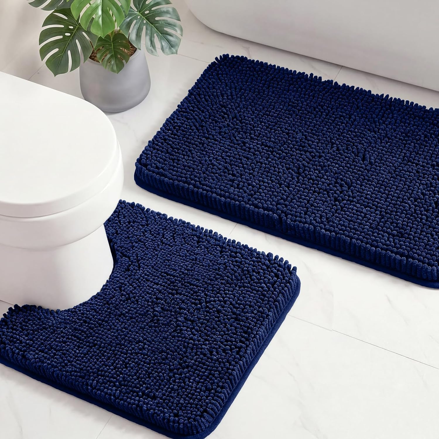 HUXMEYSON Bathroom Rugs Set 2 Piece, Ultra Absorbent Chenille Non Slip Bathroom Mat Set - 20'' x 24'' U-Shaped Contour Toilet Rug & 20'' x 32'' Extra Soft Plush Bath Mat - Machine Washable, Navy