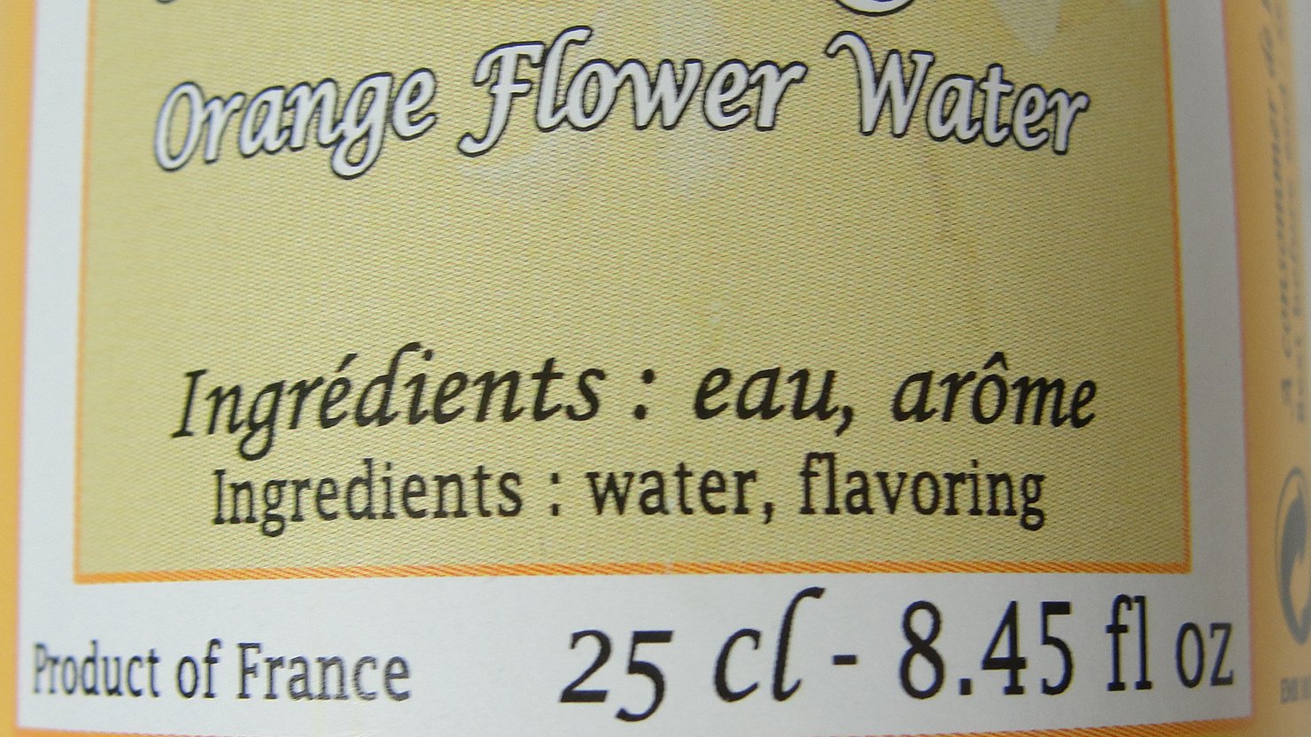 Close-up of Noirot Orange Flower Water label showing ingredients