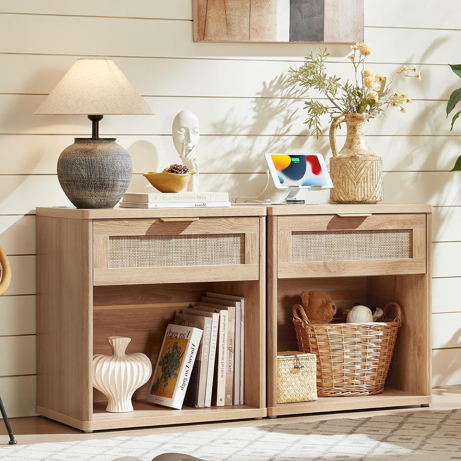 LEYAOYAO Rattan Nightstands Set of 2 with Charging Station, Boho Night Stand Dresser for Bedroom with Drawer, Natural Wood Bedside Table Open Storage Cabinet, Bed Side End Table, Living Room, Hallway