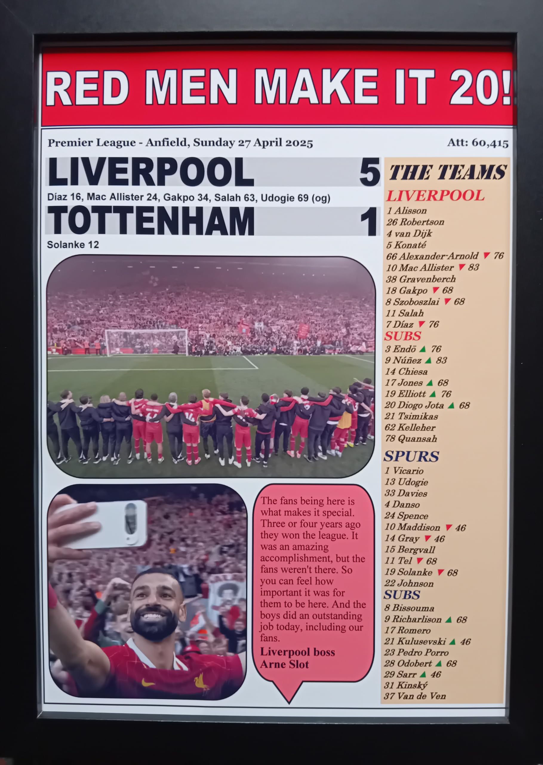Assorted Multicoloured Liverpool 5 Spurs 1 | 2025 Premier League | Liverpool Champions | Framed Print Poster Gift