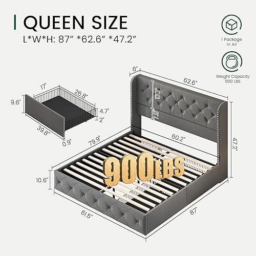 Miniatura 38 de LARMACE - Marco de cama tamaño King con 4 cajones de almacenamiento y cabecera tapizada con botones, cama de plataforma tapizada en lino con