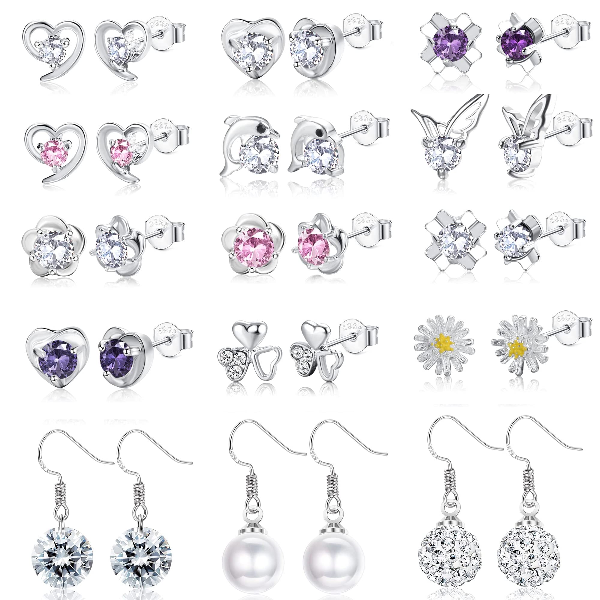 Chriscoco 15 Pares Pendientes Pequeños de Plata de ley 925 para Mujeres Niñas con Circonita Cúbica Juego Pendientes Perla con Cristal Corazón Delfín Margarita Mariposa Divertidos Aretes Colgantes