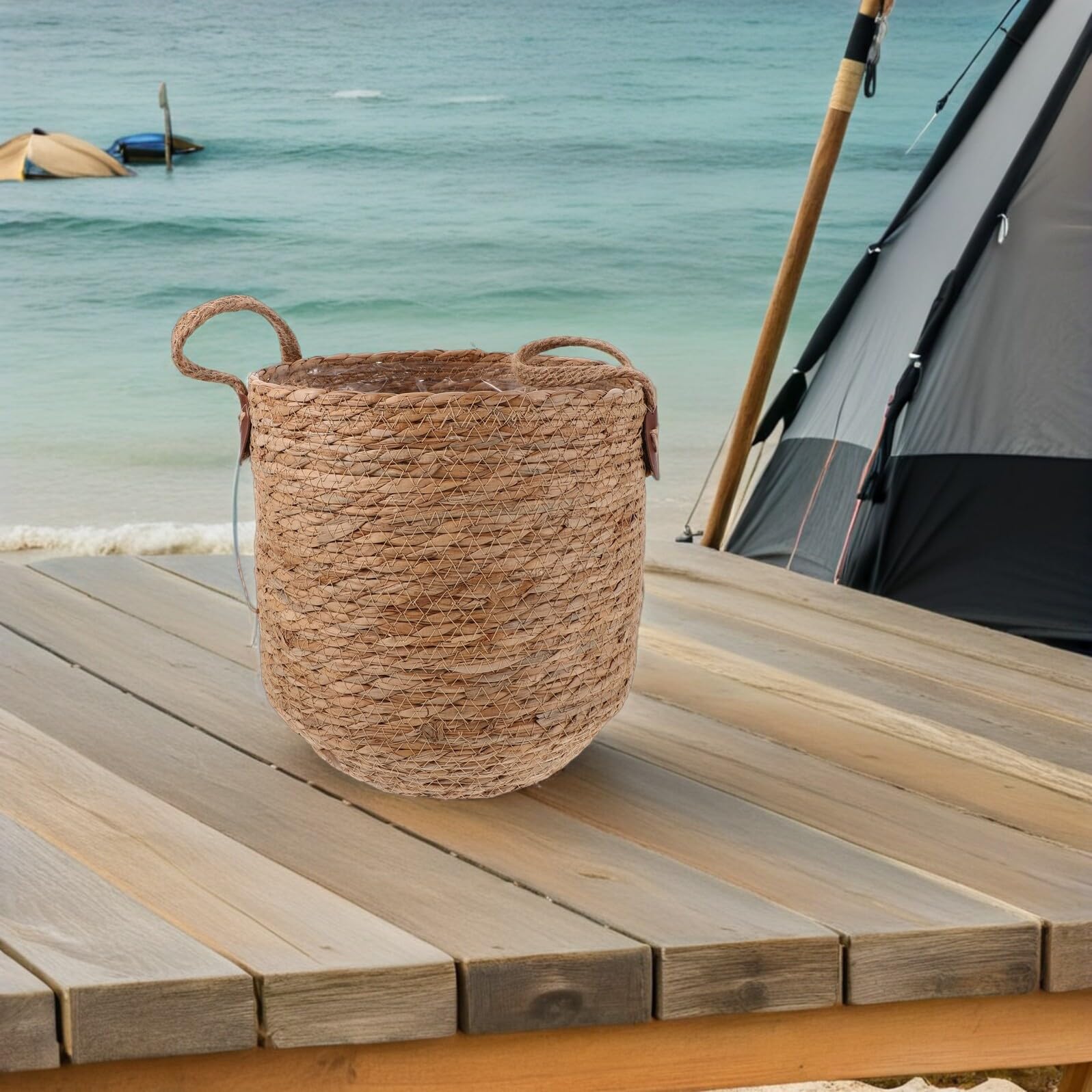 Panier à Fleurs en Tressée Fait Main Cache-Pot Rond Petit Format 27 CM avec Doublure Jardinière D’Intérieur Stable et Respirante pour Salon Balcon et Bureau