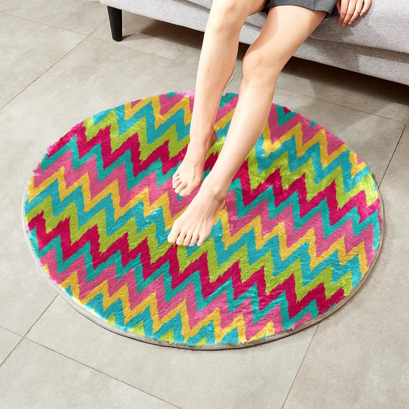 Runder Teppich in Gelb / Rosa / Blau / Grün mit Zickzackmuster für Schlafzimmer, Teppich, weich, waschbar, Fußmatte