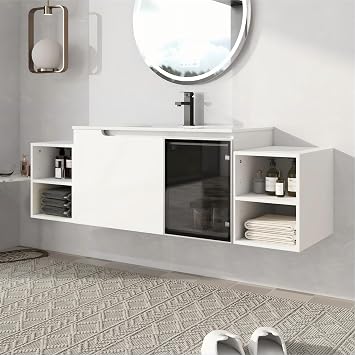 60" Bathroom Vanity with Sink, 60 Inch Floating Vanity with Ceramic Sink, Single Sink Wall Mounted Vanity Combo, Modern White Bathroom Vanity Set with 2 Soft Close Door and 2 Storage Shelf