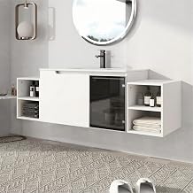 60" Bathroom Vanity with Sink, 60 Inch Floating Vanity with Ceramic Sink, Single Sink Wall Mounted Vanity Combo, Modern White Bathroom Vanity Set with 2 Soft Close Door and 2 Storage Shelf