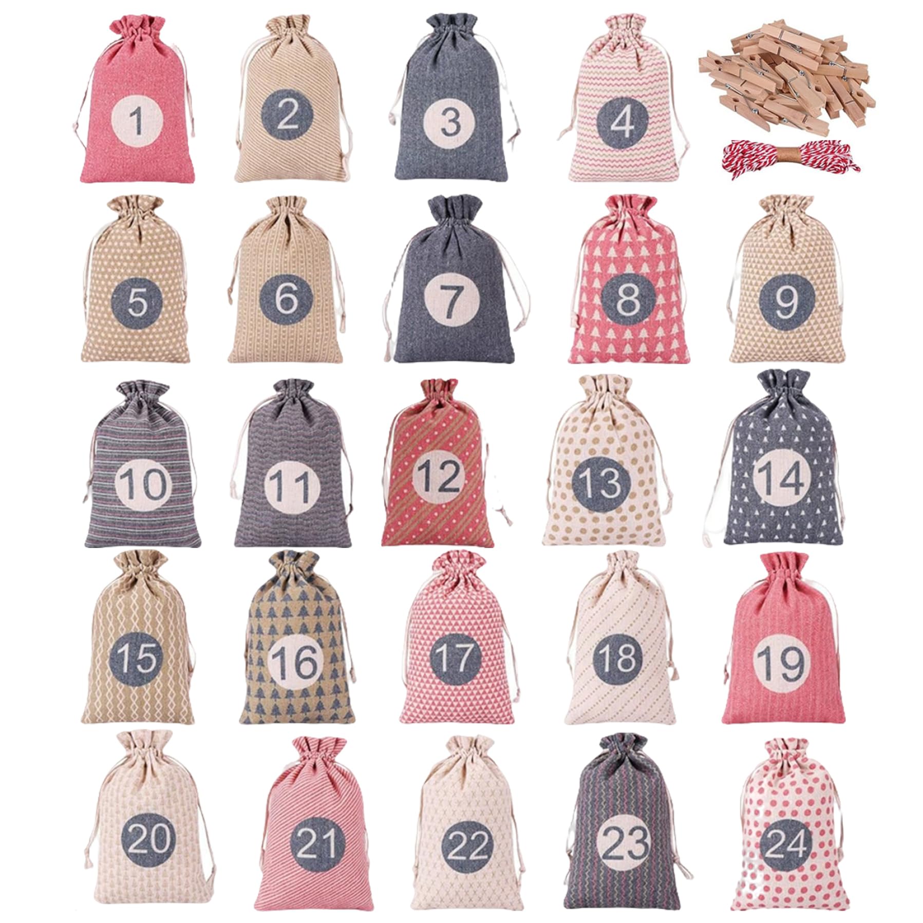 CAKEEYUM Advent Calendar Bags 1 Set 24 Days Numbered Empty Advent Calendar To Fill with Strap & Clips Drawstring Closure Christmas Countdown for Mantel, Xmas Tree
