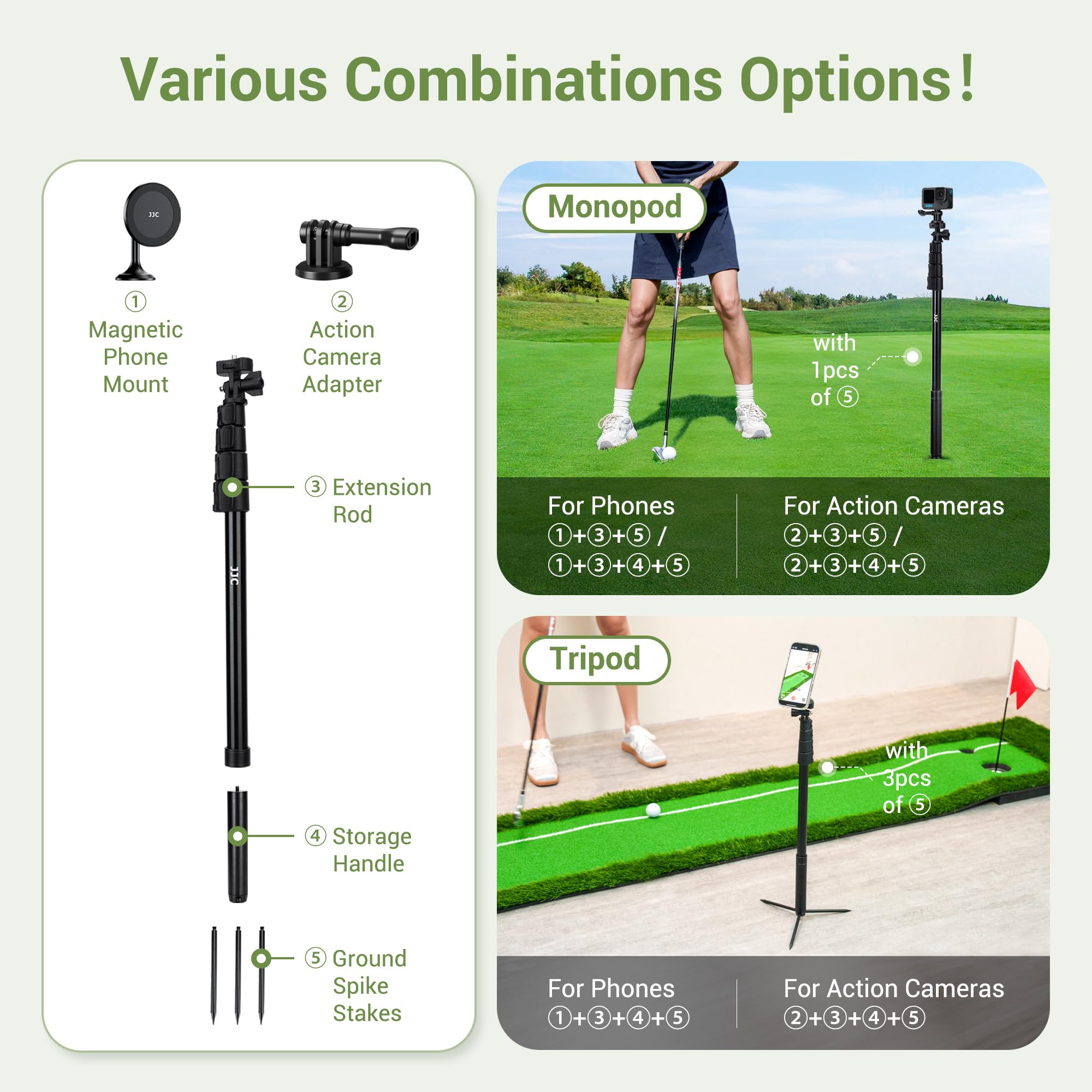 JJC 61” Magnetico Monopiede Golf Selfie Stick Treppiede con Picchetti di Terra, Telefono Titolare Alluminio Estensibile Treppiede, Telefono Stand per iPhone 16 15 14 Android Telecamere D'azione