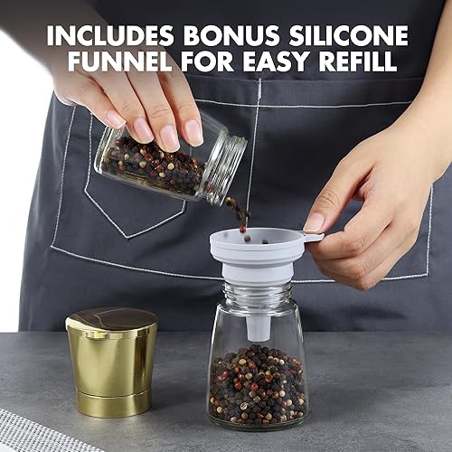 Miniatura 6 de vzaahu Molinillos dorados de sal y pimienta con embudo, cepillo, cubierta dorada ajustable, juego de molinillos de pimienta recargables para