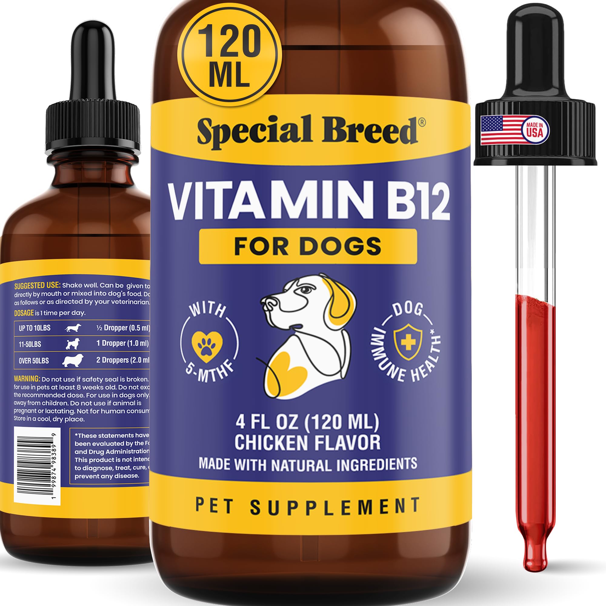 Special Breed Vitamina B12 líquida para cães com metilcobalamina e 5-MTHF 500 mcg + 100 mcg DFE, 120 mL