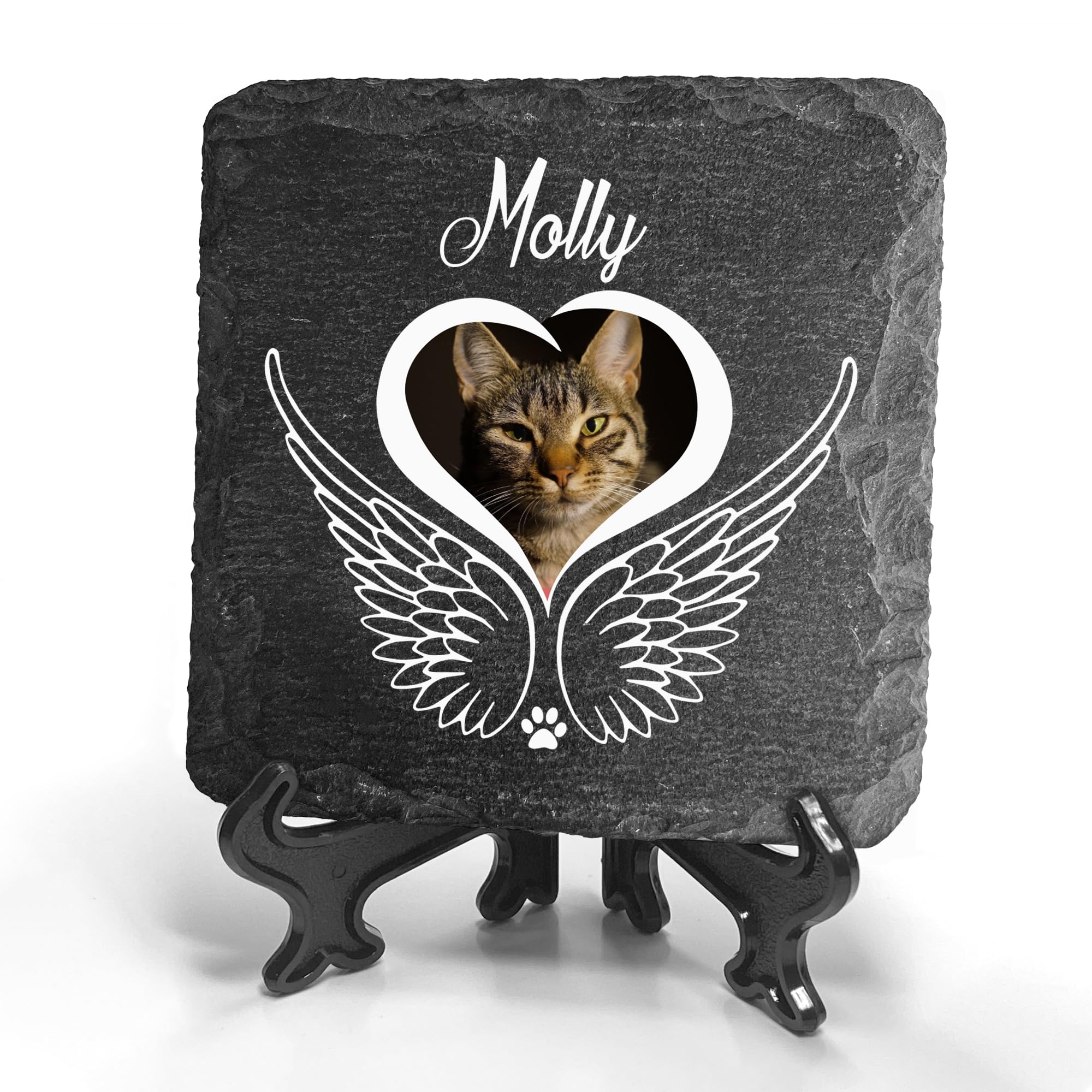 TULLUN Personalised Individual Square Memorial Small Plaque with Display Stand For Pet Cat Dog Slate Stone Frame Paw Grave Marker - Size 5.9" x 5.9" or 150 x 150 mm - Angel Wings — image 1