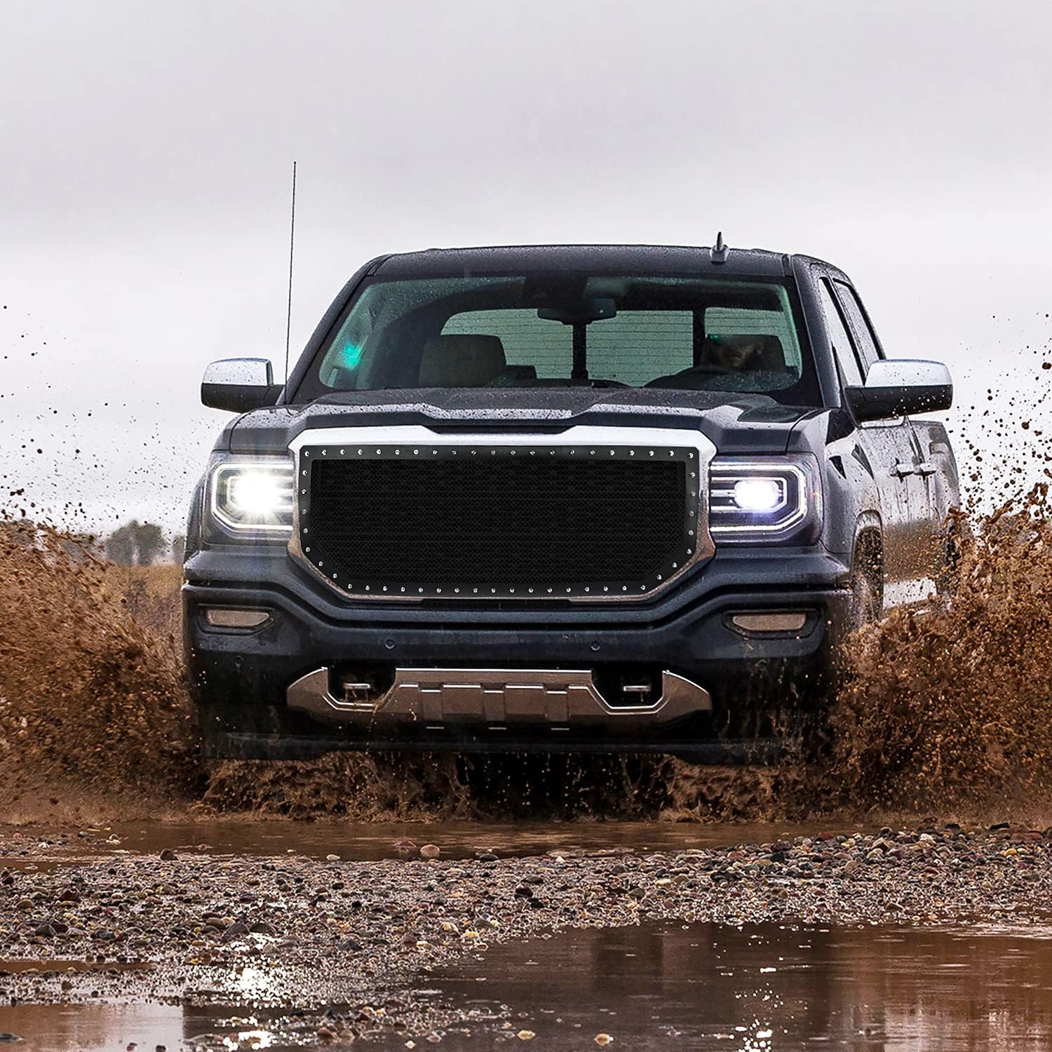 Spec-D Tuning Front Mesh Black Hood Grille Insert Rivet Style 1PC Compatible with 2016-2018 GMC Sierra 1500