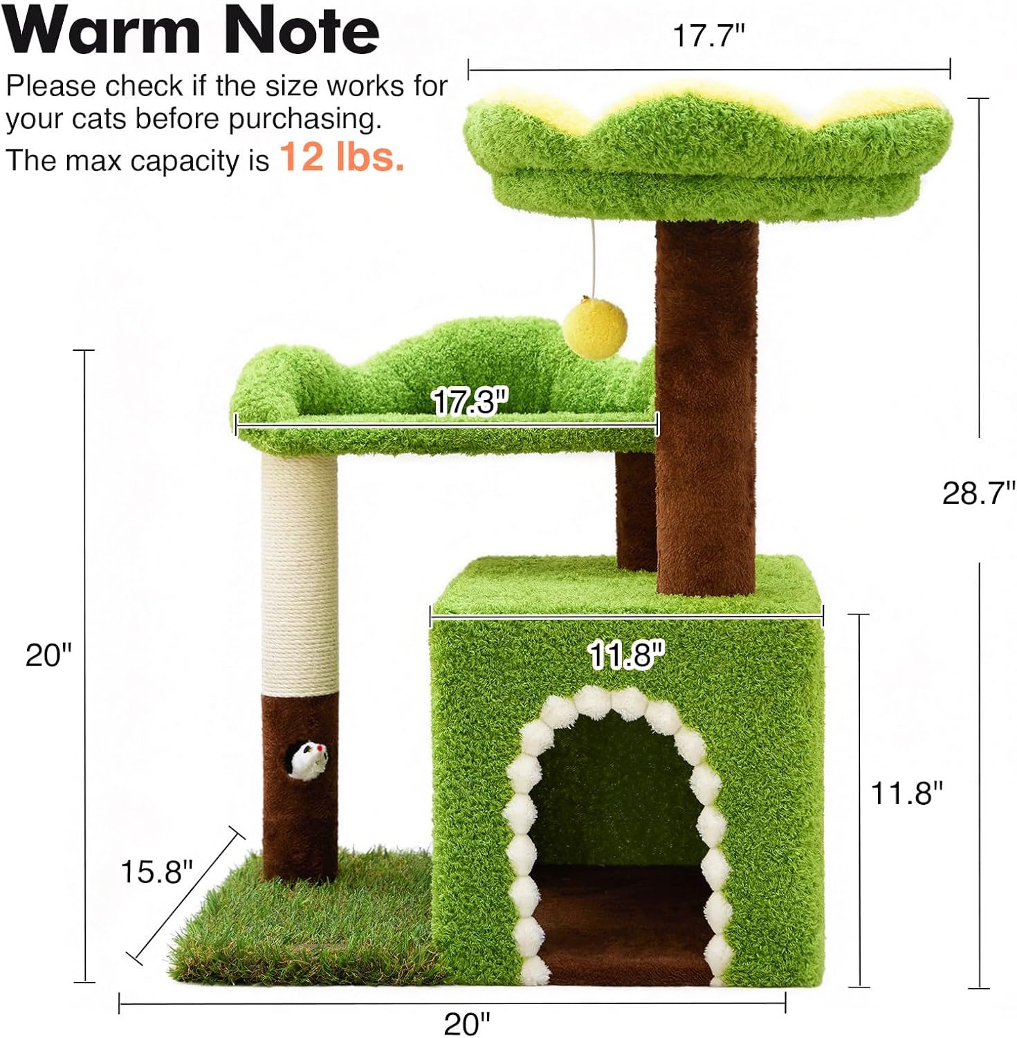 Multi-Level Cat Tree with Sisal Scratching Post, Small Cat Tower with Cozy Condo, Soft Top Perch and Interactive Toy Mouse, Cute Forest Design Cat Furniture for Indoor Cats and Kittens