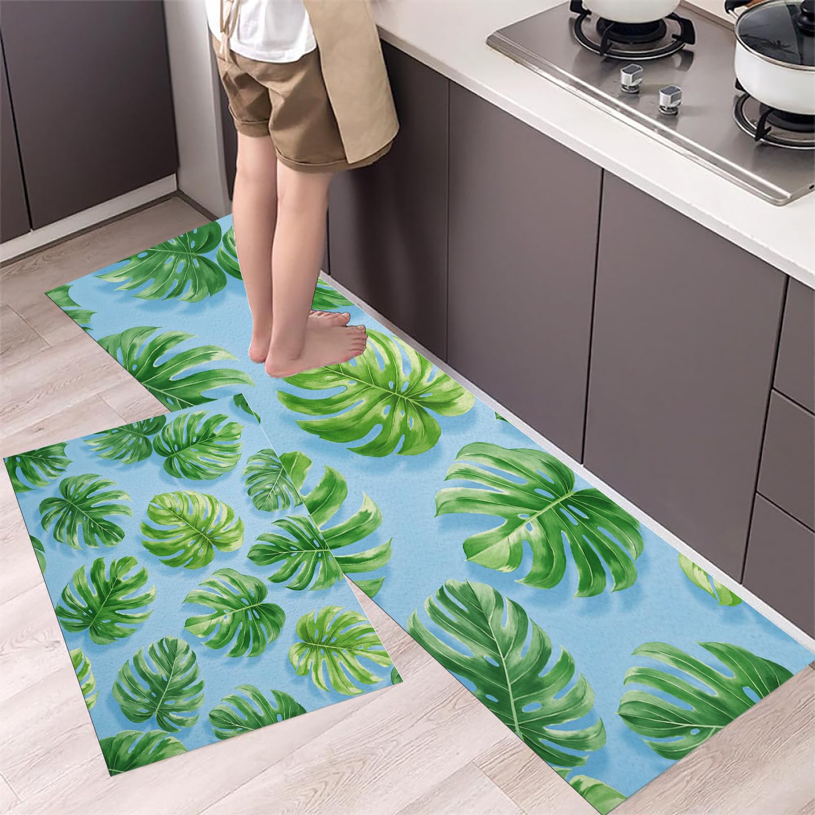 Tapis de cuisine vert olive pour buanderie et sol de cuisine | Duo antidérapant Monstera