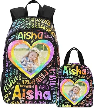 Artsadd Personalized Kids Backpack with Lunch Bag for Girls Boys Custom Name Photo School Bag Cute Bookbags Lunch Box Set Girl Design 04