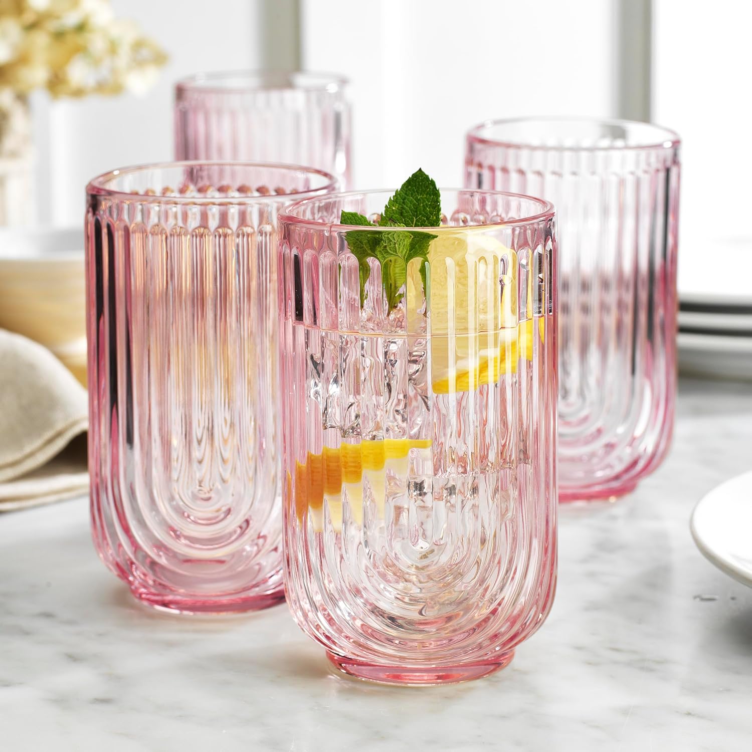 Glaver's Vintage Glassware Art Deco Glasse Ribbed Drinking Glasses U-Shape Arch Design Colored Cocktail Kitchen Tumblers Everyday Dinner Decorative Party (Pink S/4 17oz) - Image 2