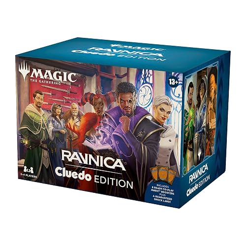 Magic: The Gathering Ravnica: Cluedo Edition - 3-4 Player Murder Mystery Card Game (Includes 8 Ready-to-Play Boosters, 21 Evidence Cards, 1 Foil Shock Land, and Detective Game Accessories) - Cluedo Edition
