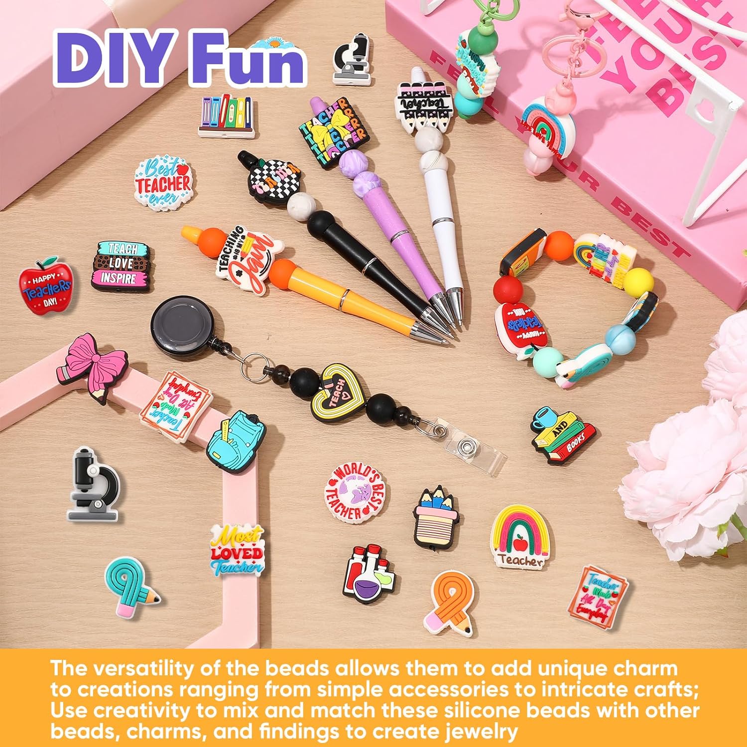 Tondiamo 90 Pcs Teacher Silicone Focal Beads Bulk and 15mm Silicone Beads Back to School Apple Pencils Charms for Beadable Keychain Pen DIY Crafts Necklace Bracelet Jewelry Making