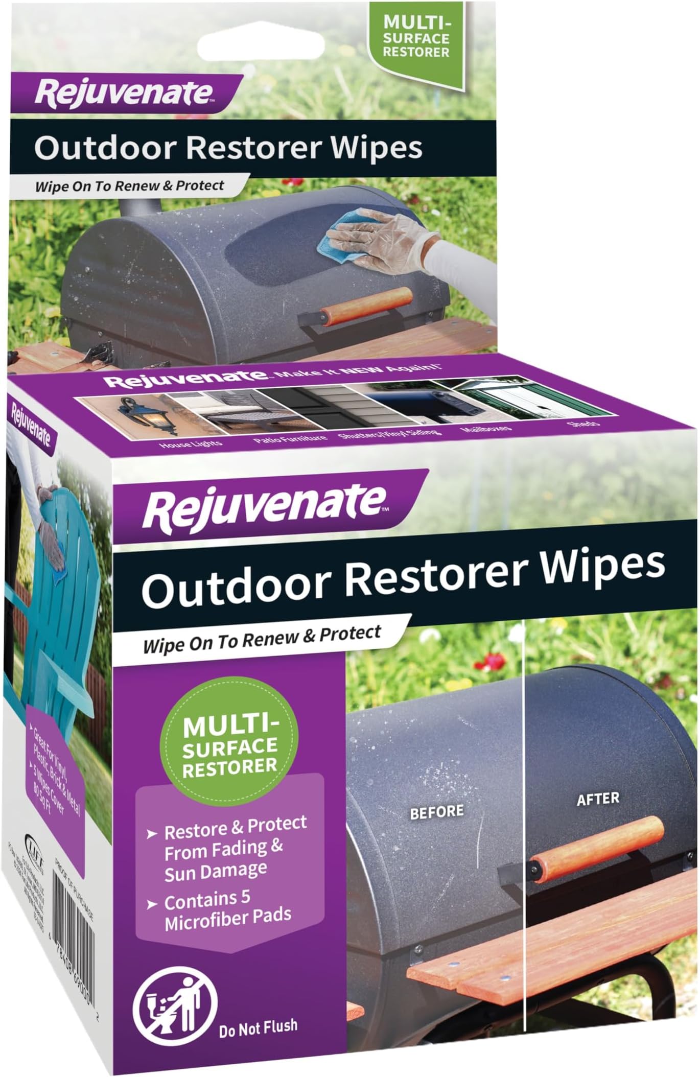 Outdoor Restorer Wipes, 5 Count, Individually-Wrapped Pre- Saturated Microfiber Wipes Restore Faded and Weathered Surfaces Such As Patio Furniture, Shutters, Siding, Mailboxes And More