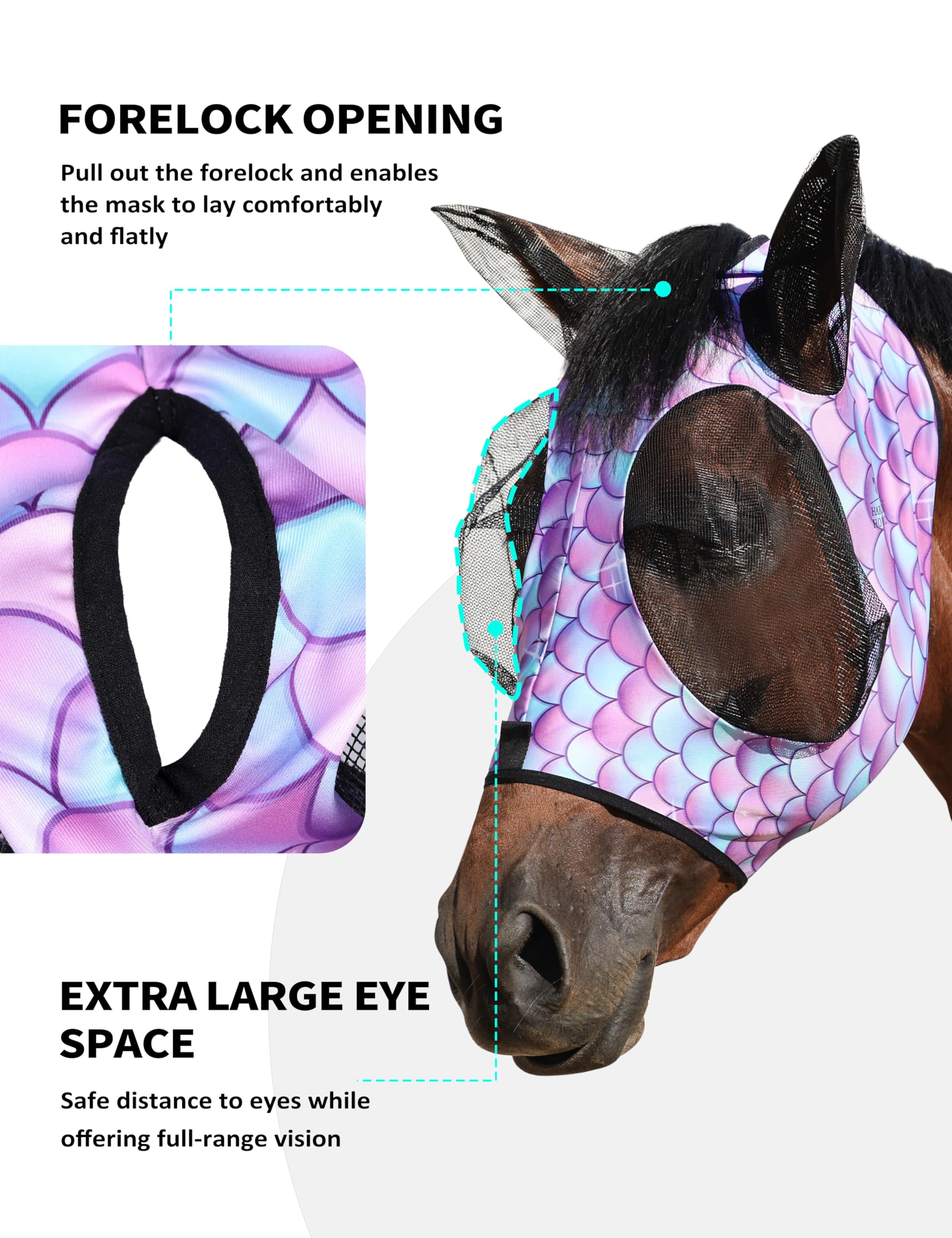 Harrison Howard Stretch Fly Mask with Forelock Opening and Patterns Comfortable Breathable Snug Fitting Horse Fly Mask Fish Scale M - Image 3
