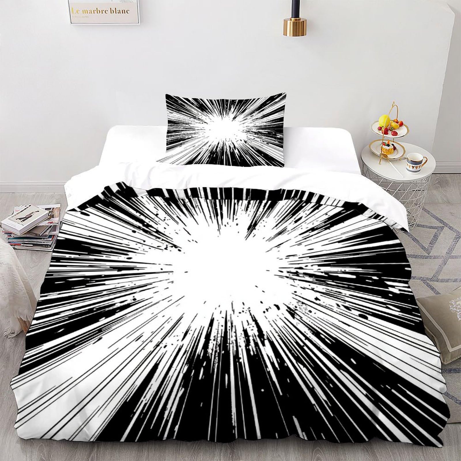 Housse de couette microfibre 135x200cm stripe noire et blanche lit simple adulte zipper