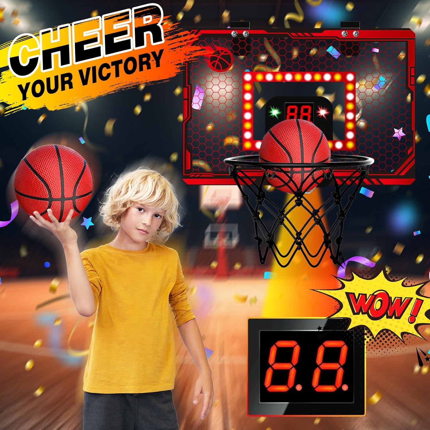 NESAPTO Basketball Hoop Indoor, Over The Door Basketball Hoops with Led Lighting Rim, Electronic Scoreboard & Two Cheer Modes, Fun Sports Toys Birthday Gifts for 6-12 Year Old Boys Girls