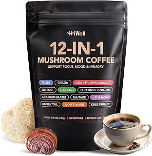 HiWell Strong Taste Mushroom Coffee 12-in-1 – Organic Ginseng, KSM-66® Ashwagandha, Lion's Mane, Reishi–Focus, Calm Energy & Immune Support–100% Fruiting Body Extracts–Vegan, Low Caffeine–30 Servings