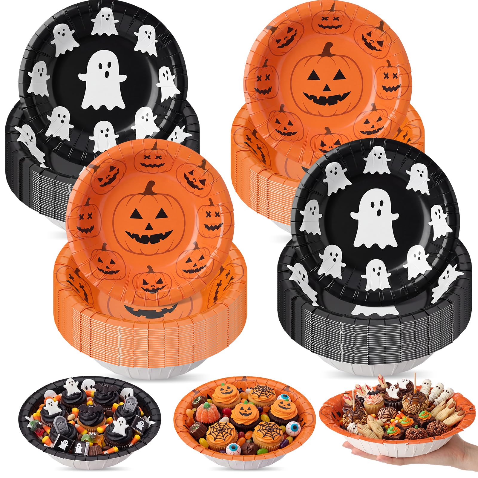 Sawysine 100 Pcs Halloween Paper Bowls, 12 Oz, Ghost and Pumpkin Design