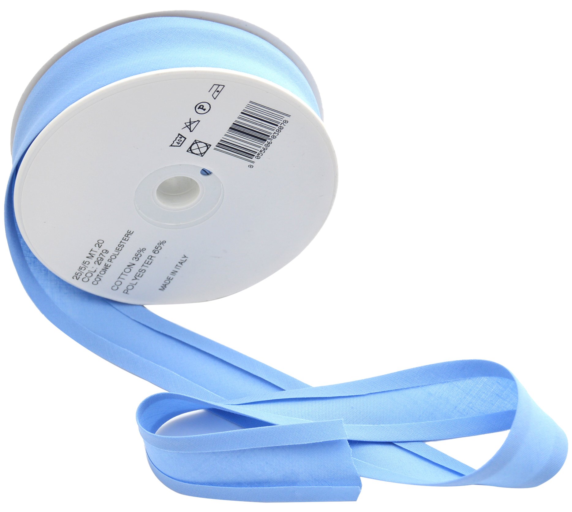 Inastri Sky Blue 25/5/5 Mm Bias Binding-Col. 2979-Powder Blue-20M Roll, Polycotton,