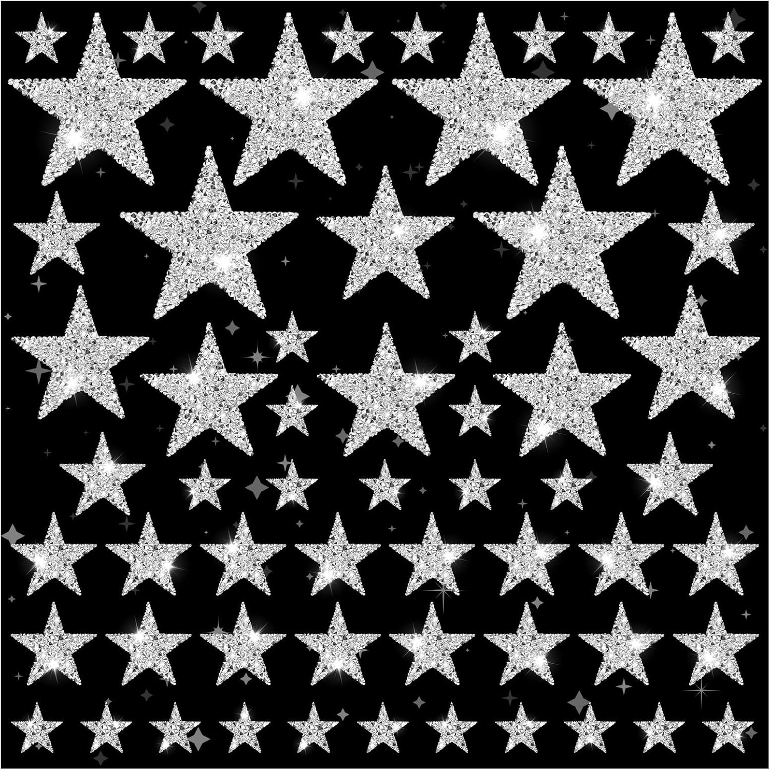 60 Pcs Silver Star Patches Glitter Star Iron on Patches, Adhesive Applique Hot Glue Rhinestone Stars for Clothing Jeans Bags Hats Repair Decoration (4 Size)