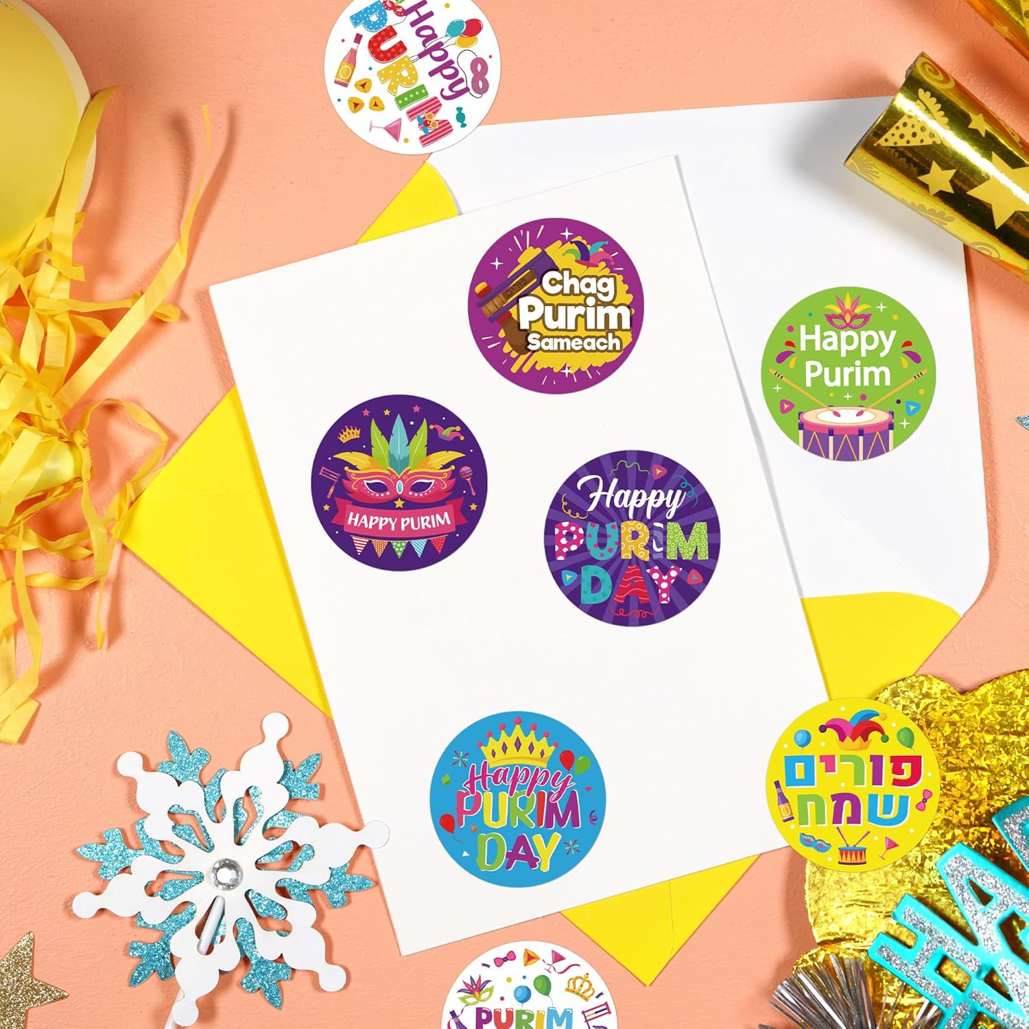 Purim Sticker, 1000Pcs Happy Purim Stickers, Colorful Purim Stickers for DIY Crafts, Self-Adhesive Purim Labels for Purim Party Gift Bags Decorations, 2 Rolls 12 Designs