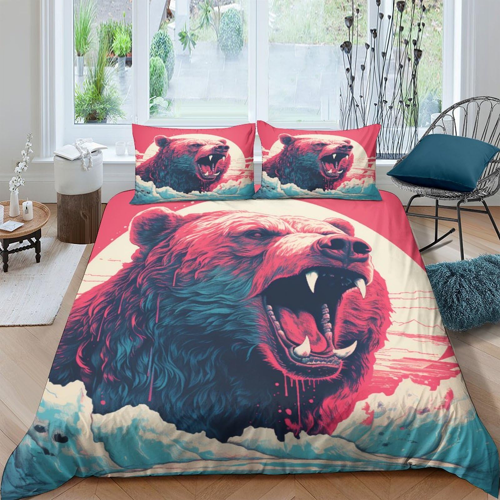 Housse de couette ours 200x200 parure de lit imprimé animal 3D avec fermeture éclair microfibre