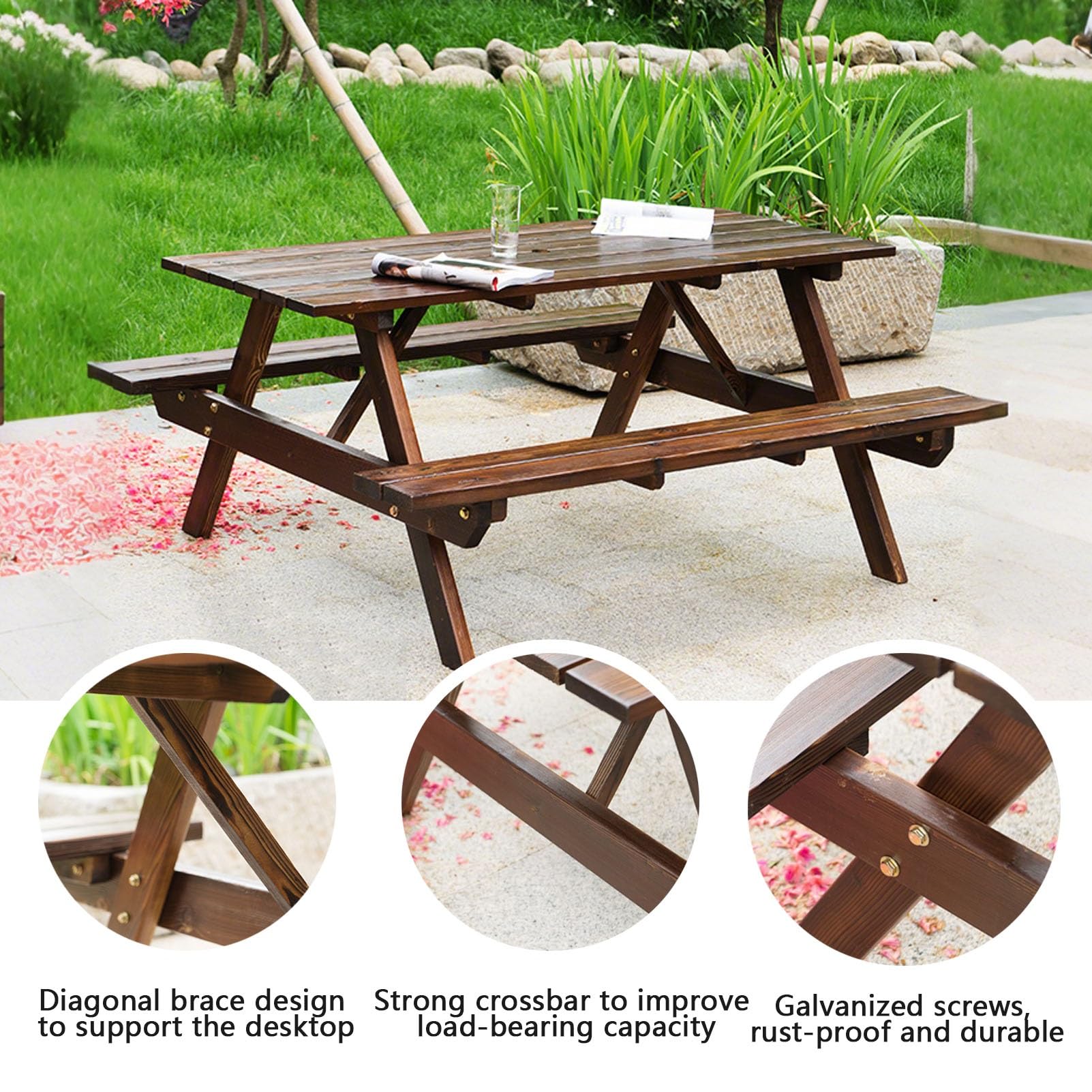 Tavolo da picnic in legno massello, tavolo da pranzo da 150 cm, con panche e foro per ombrellone, ideale per campeggio, cortile, giardino e raduni sul prato
