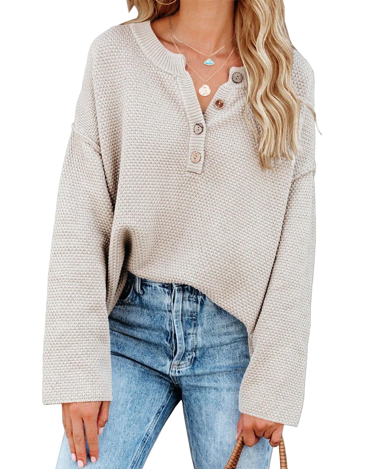Saodimallsu Women's Oversized Sweaters Batwing Long Sleeve Loose V Neck Button Henley Tops Pullover Knit Jumper