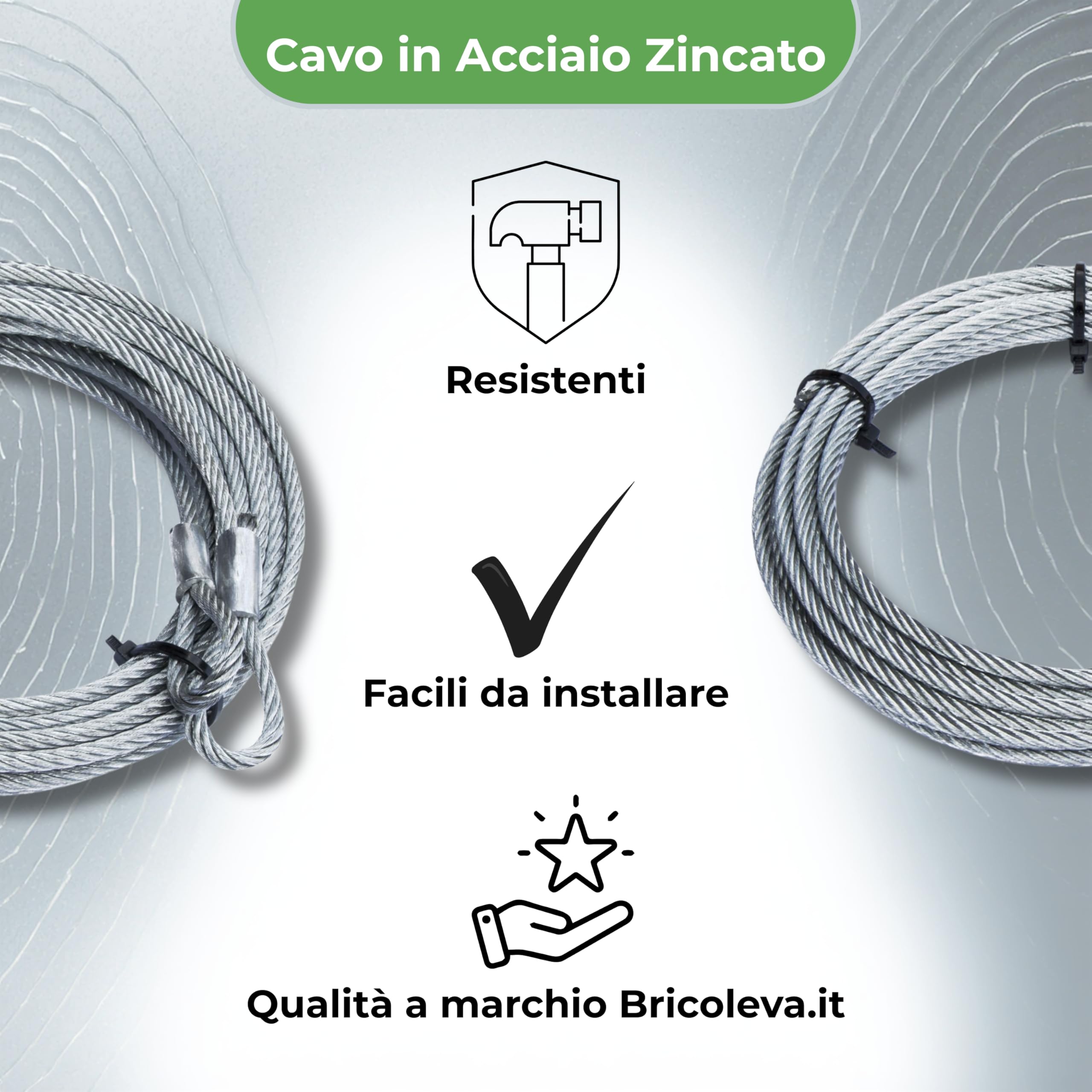 Kit per Porte Basculanti in Acciaio Zincato, Alta Qualità e Resistenza, Fune in Acciaio lunghezza 2,5m Ø4mm + Morsetti per Porte Basculanti di Garage, Box e Officine (Gancio Ad Asola)