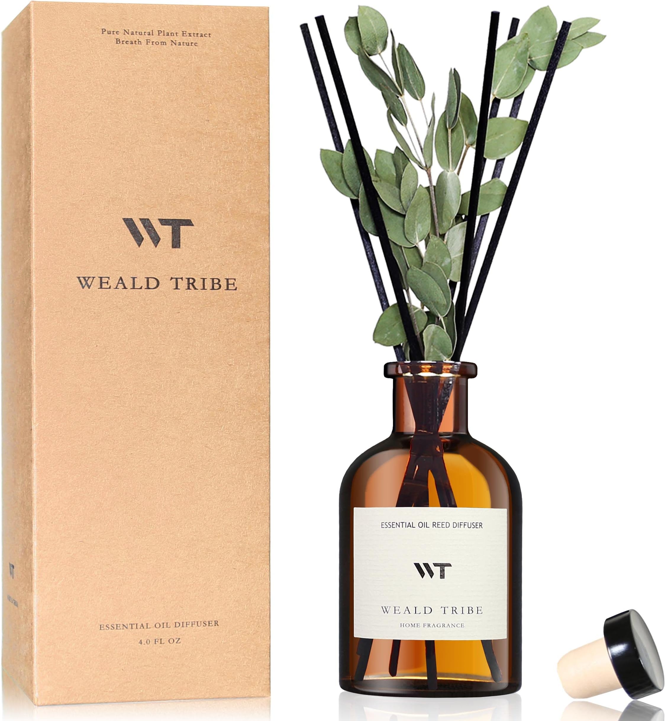 WEALD TRIBEReed Diffuser Set for Bathroom Air Fresheners, Oil Diffuser Sticks with Flower | Eucalyptus & Mint Scent 4.0 fl oz Home Fragrance with Sticks Defusers | House Bedroom Office Shelf Decor