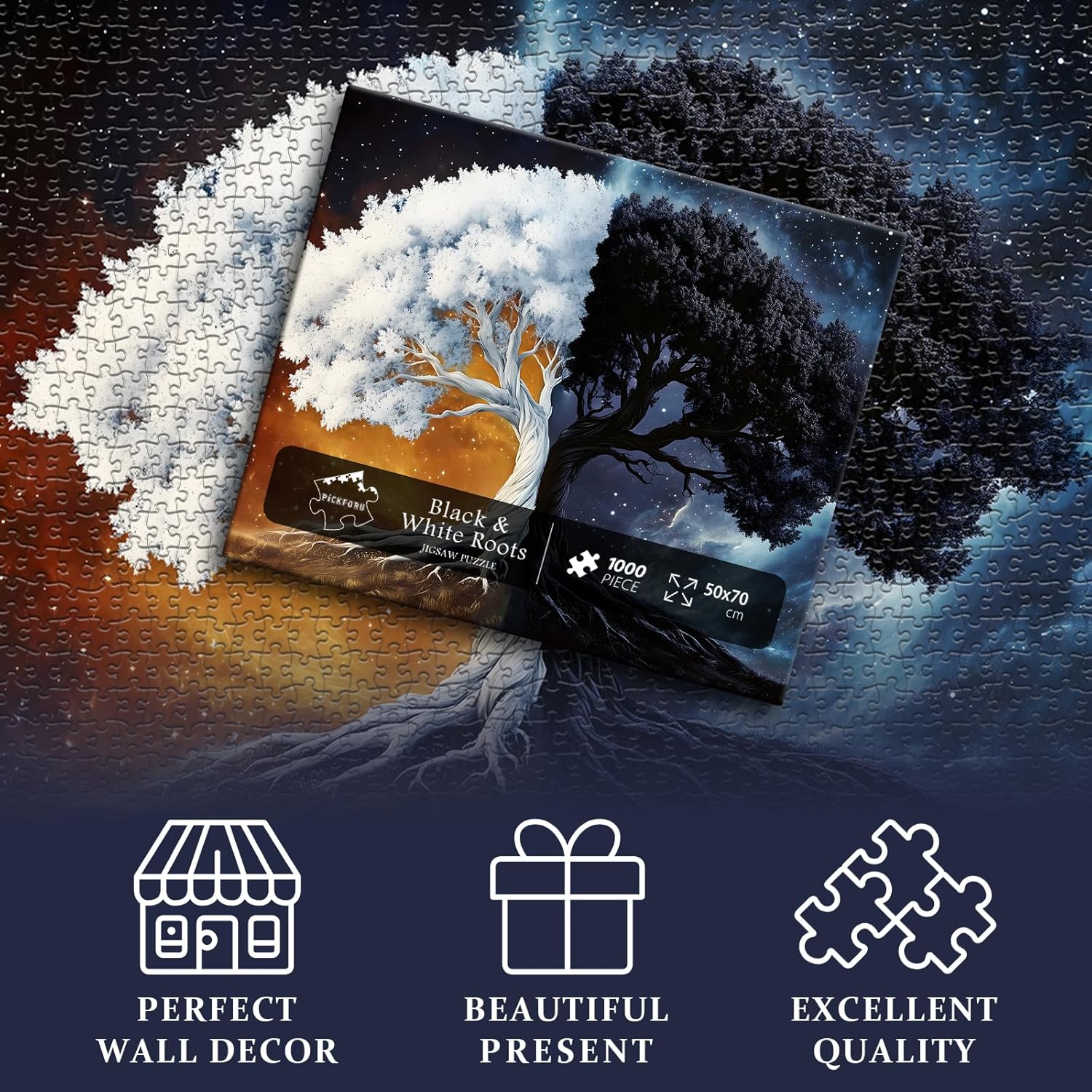 PICKFORU Tree of Life Puzzles for Adults 1000 Pieces, Fantasy Plant Black and White Puzzle, Nature Starry Night Galaxy Yingyang Jigsaw Puzzle Challenge