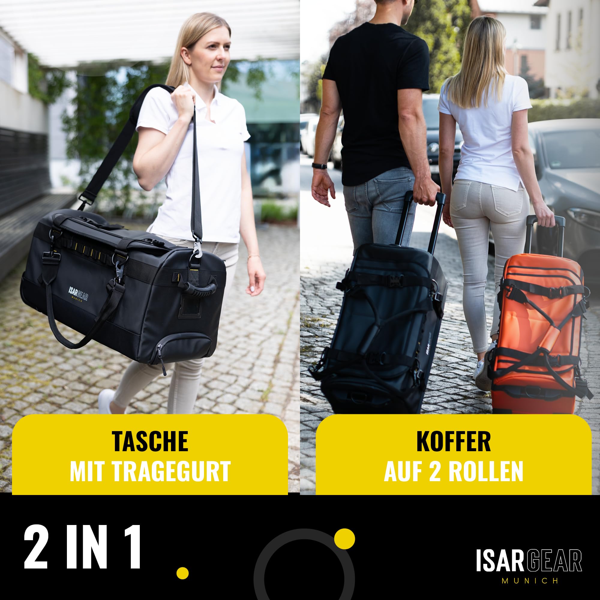 Isar Gear® Reisetasche mit Rollen 60 Liter - Outdoor Travel Bag (Schwarz) aus wetterfestem Material - Großer Reisekoffer mit Rollen, Sporttasche mit Rollen, Duffle Bag - Trolley (Koffertasche)