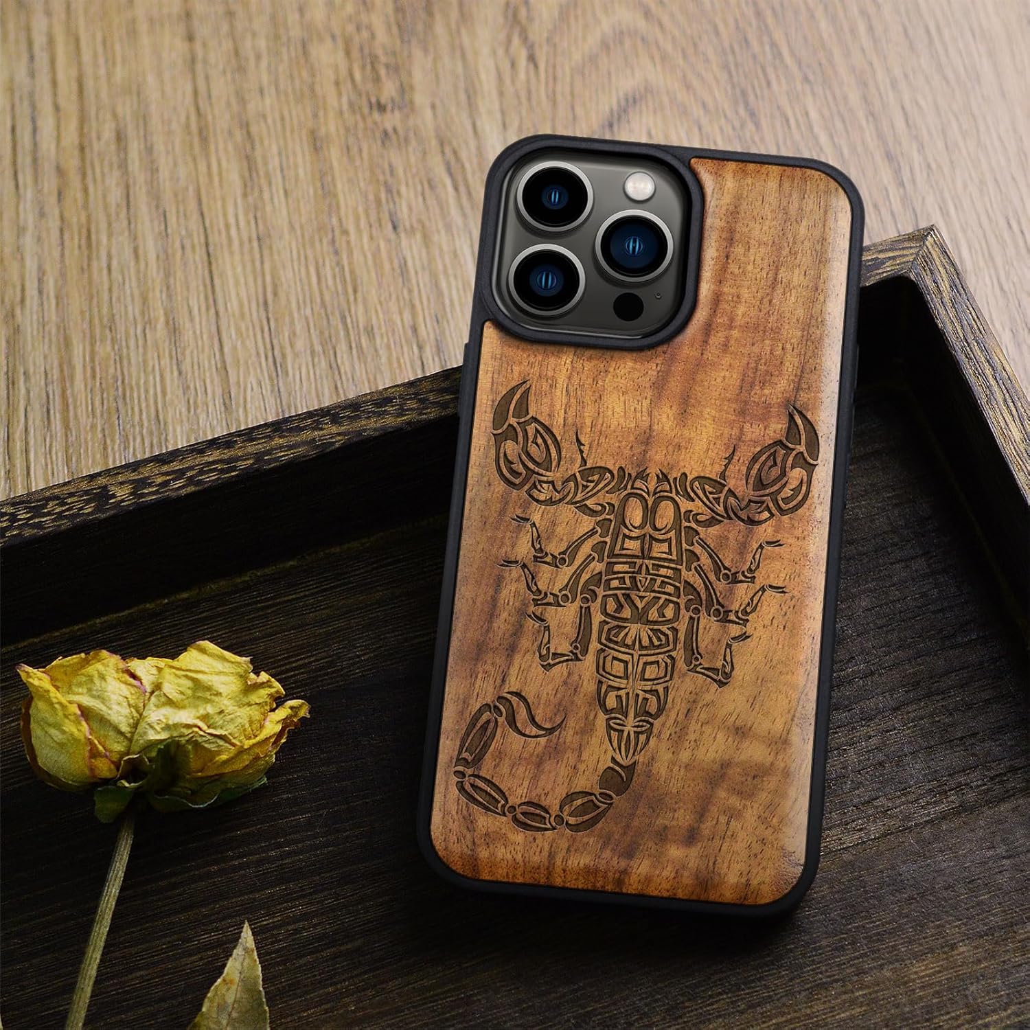 Carveit Magnetic Wooden Case for iPhone 15 Pro Max Case, Compatible with MagSafe Wireless Chargers, Black Soft TPU Shockproof Cover & Wood Artisan Engraved (Tribal Scorpion) - Walnut