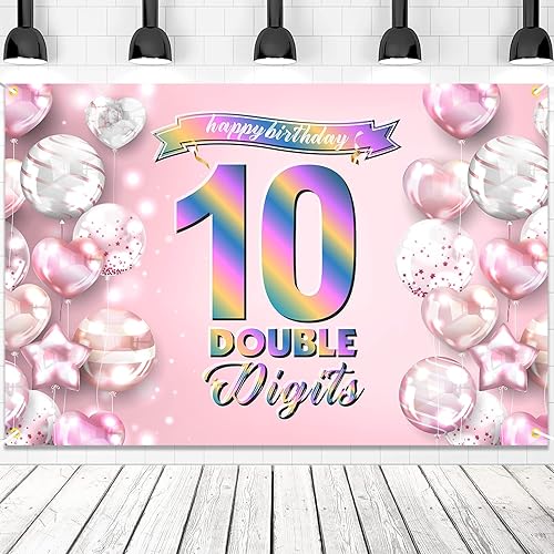 Cartel de feliz cumpleaños número 10, telón de fondo de arcoíris degradado de doble dígito, fondo rosa de 10 años, decoraciones de cumpleaños para