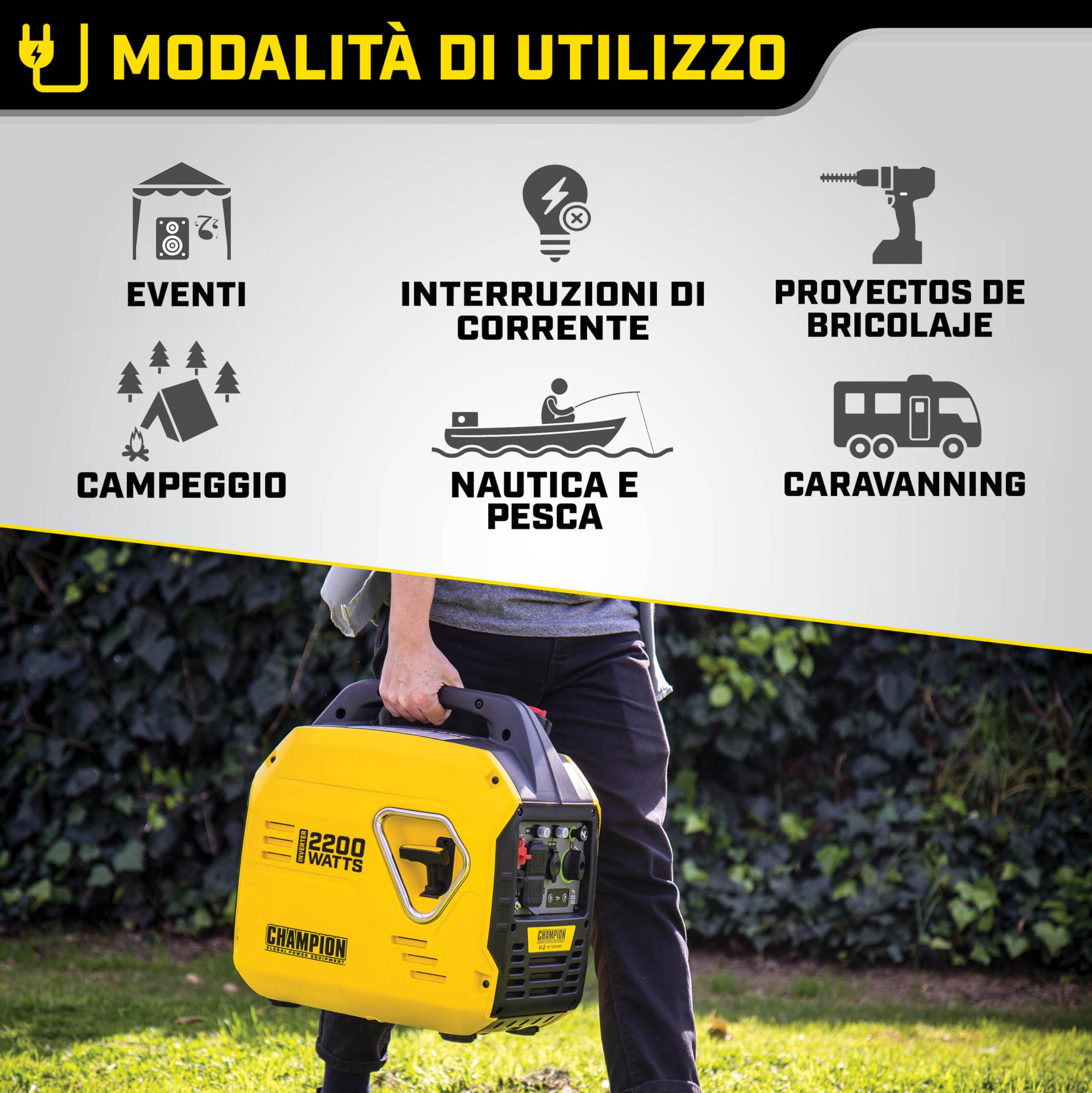 Champion Power Equipment Generatore inverter portatile a benzina da 2200 Watt 92001I-EU - 240V, motore 79cc, 4.0L - The Mighty Atom - Super leggero, onda sinusoidale vera, EZ Start, ultra silenzioso