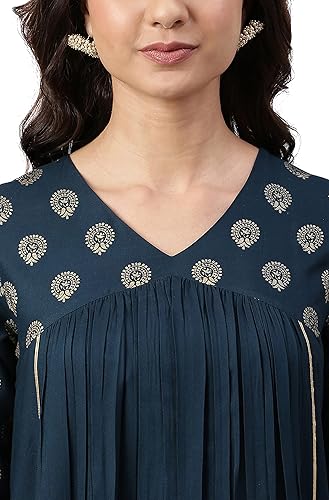 Miniatura 7 de Janasya Kurta de rayón verde azulado para mujer india