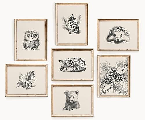 ZARTMYY Arte de pared vintage para cuarto de bebé, impresiones en lienzo de animales del bosque, bosquejos, oso zorro, decoración de pared de