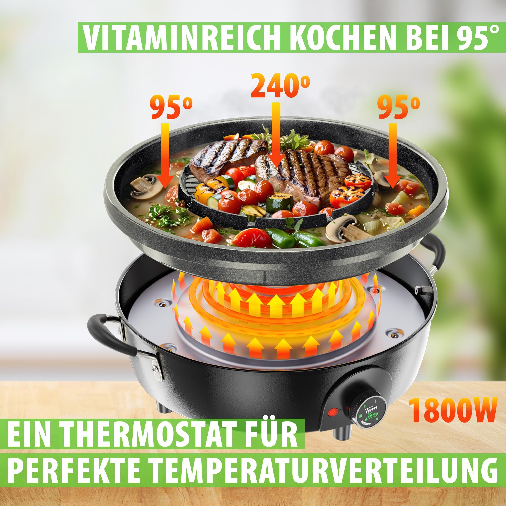 TomYang Hot Pot Set ink.Kochbuch für den Original Thai Grill & Hotpot, 4 Grillzangen, Elektrischer Hotpot mit schneller Aufheizzeit, Korean BBQ Grill, Mookata, mehr als 100 Anleitungsvideos