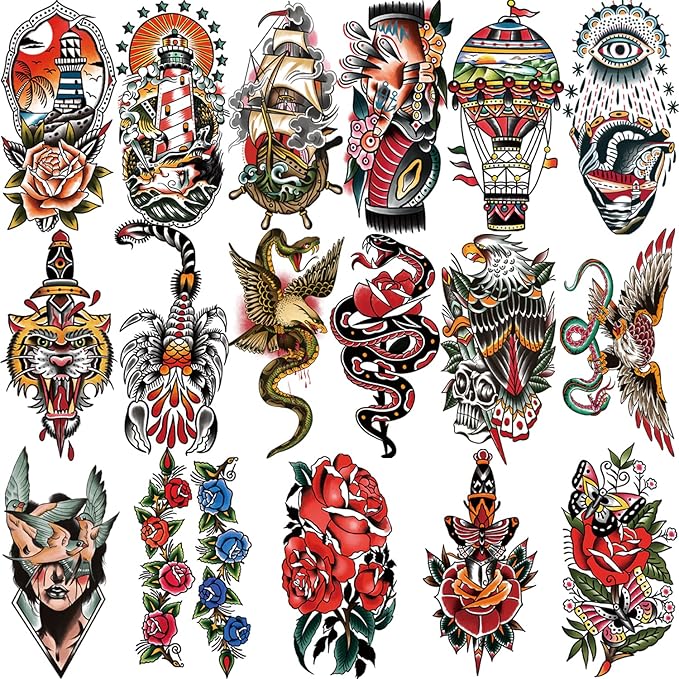 🔥Traditional Tattoo Arm Flash Sheets: 77 Waterproof Temporary Tattoos!
