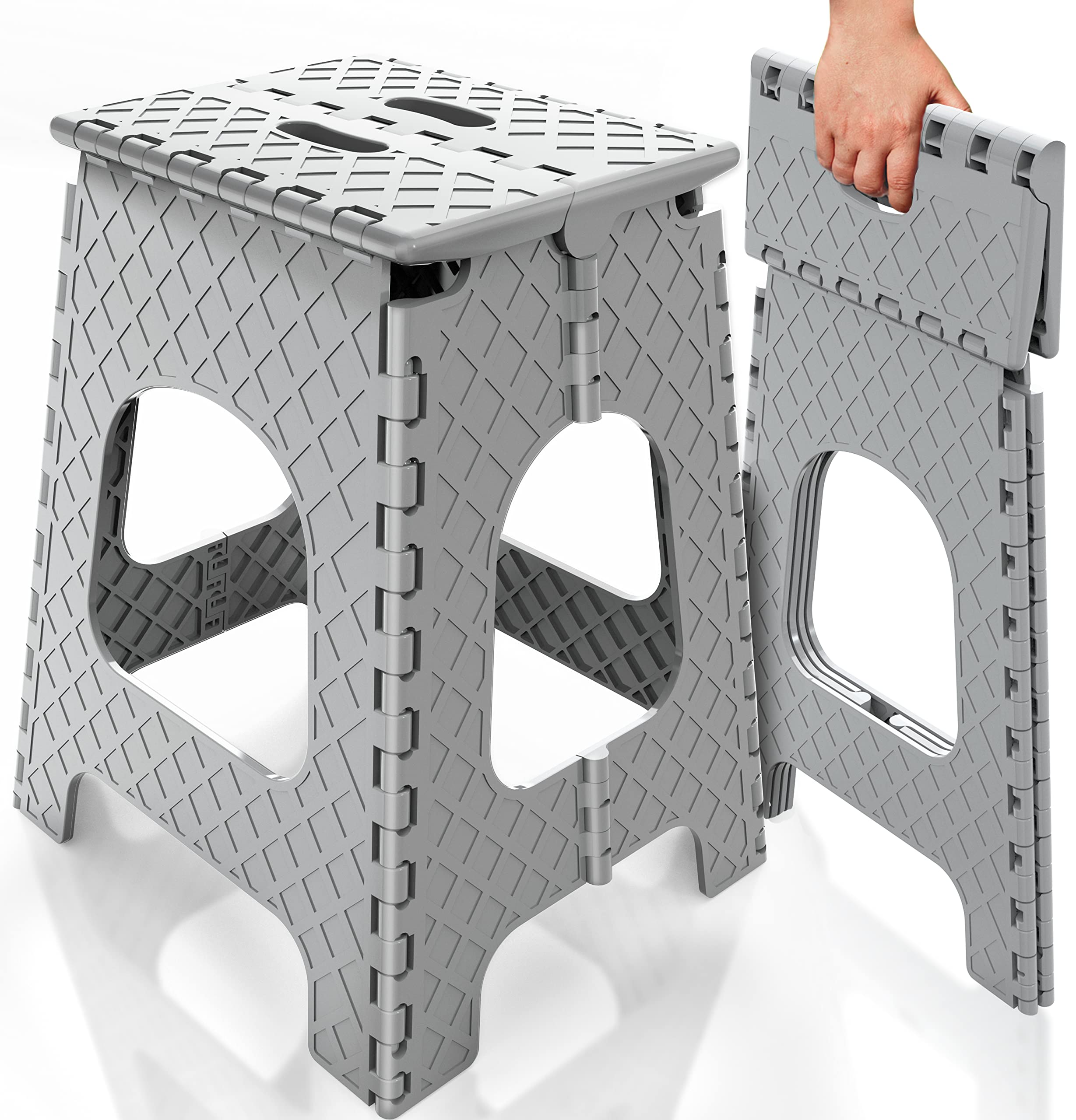 Photo 1 of Mueller Folding Step Stool, 18 Inch Heavy Duty Step Stools for Adults and Kids, Lightweight and Portable Foldable Stool for Kitchen, Bathroom, Non-Slip and Sturdy, Holds up to 264lbs, Light Grey Light Grey 18 Inch