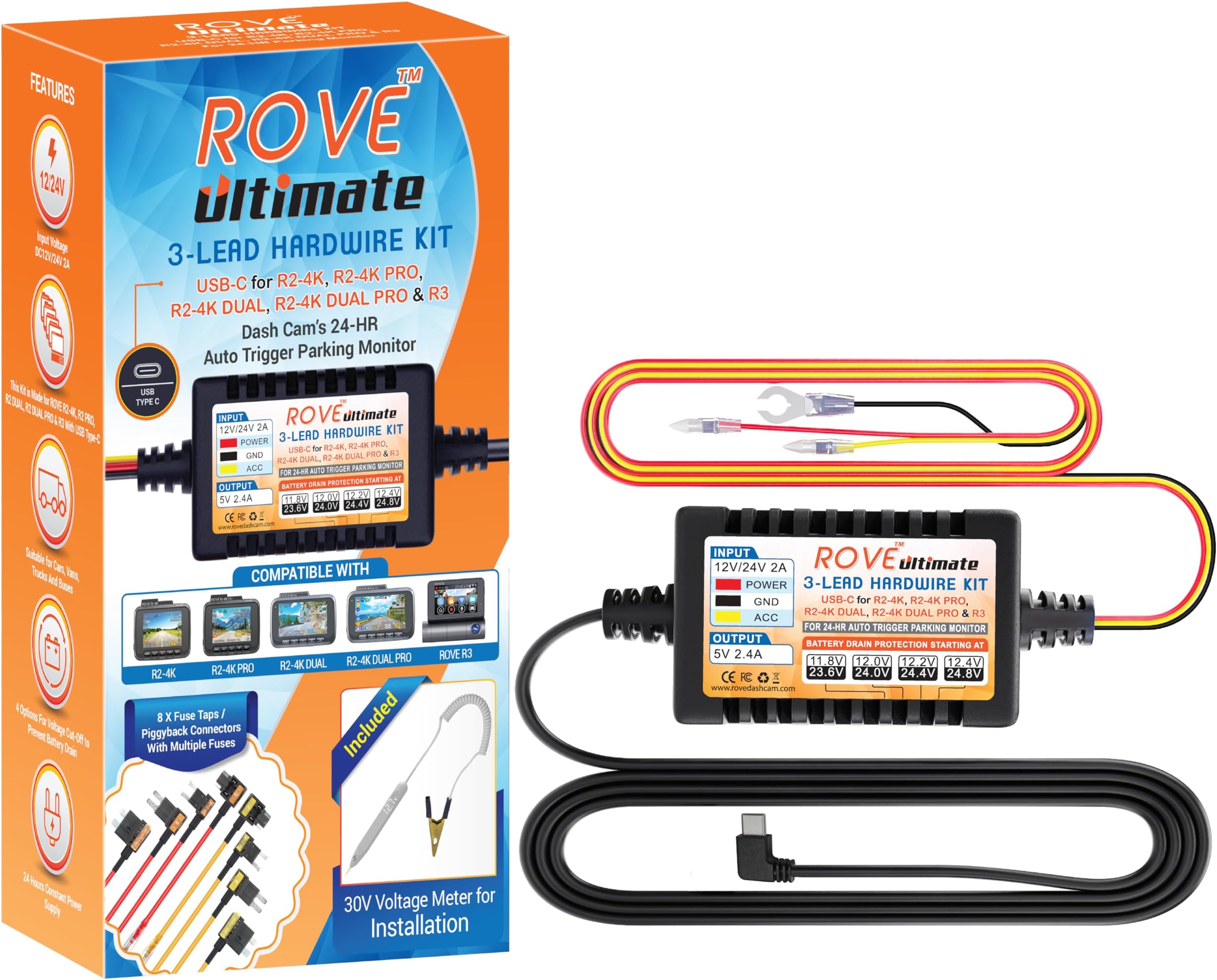 Dash Cam Hardwire Kit, USB Type C, for ROVE R3 Touch Screen 3 Channel Dash Camera