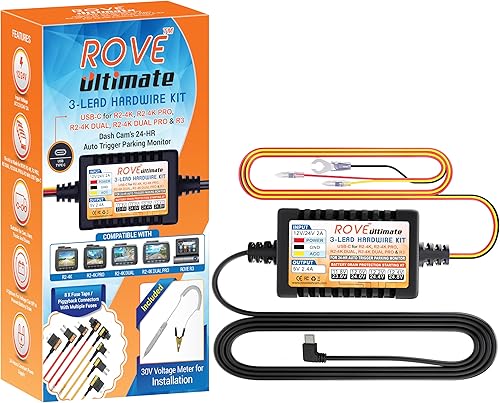 ROVE Ultimate Dash Cam Hardwire Kit with USB-C Port for R2-4K, R2-4K PRO, R2-4K Dual, R2-4K Dual PRO, and R3 Dash Camera Models, 24Hr Parking Monitoring Kit with Low Voltage Protection