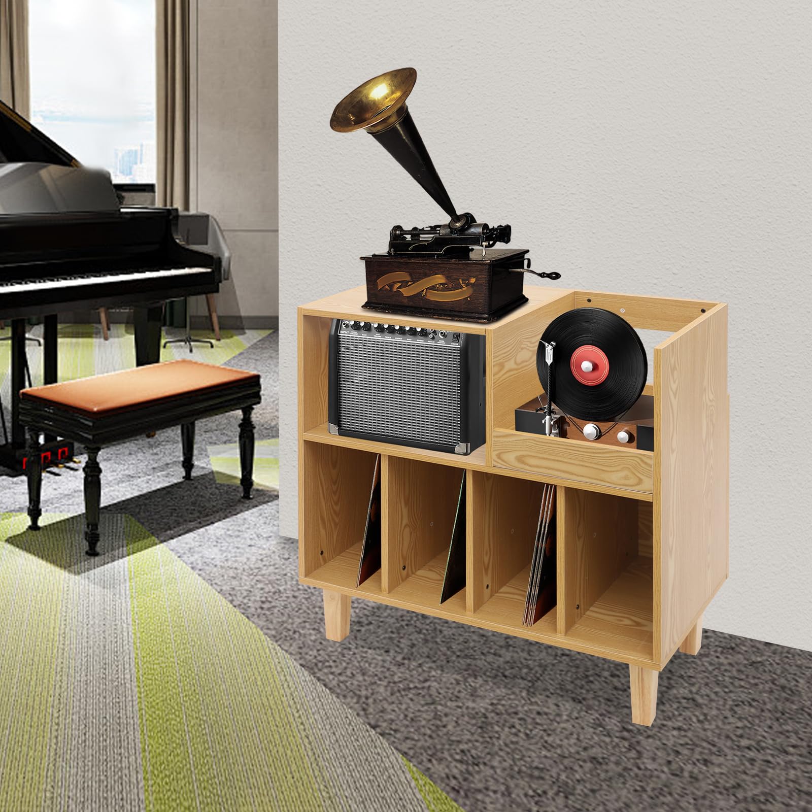 Tocadiscos estante de placa multicapa para sala de estar colección de vinilo almacenamiento con seis compartimentos superficie de mesa para tocadiscos amplificador